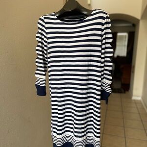 Striped Navy Blue and White Kim Rogers Dress with Cutout Sleeves